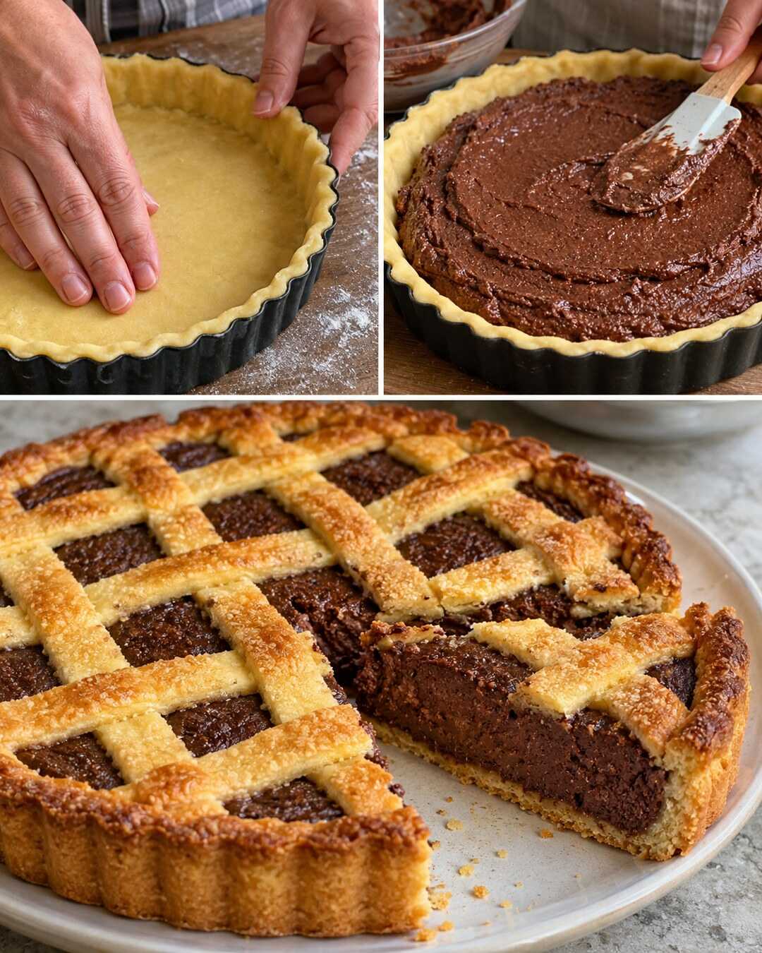 Crostata ricotta e cacao: guscio friabile, cuore morbido con preparazione e risultato finale illustrati in un collage fotografico.
