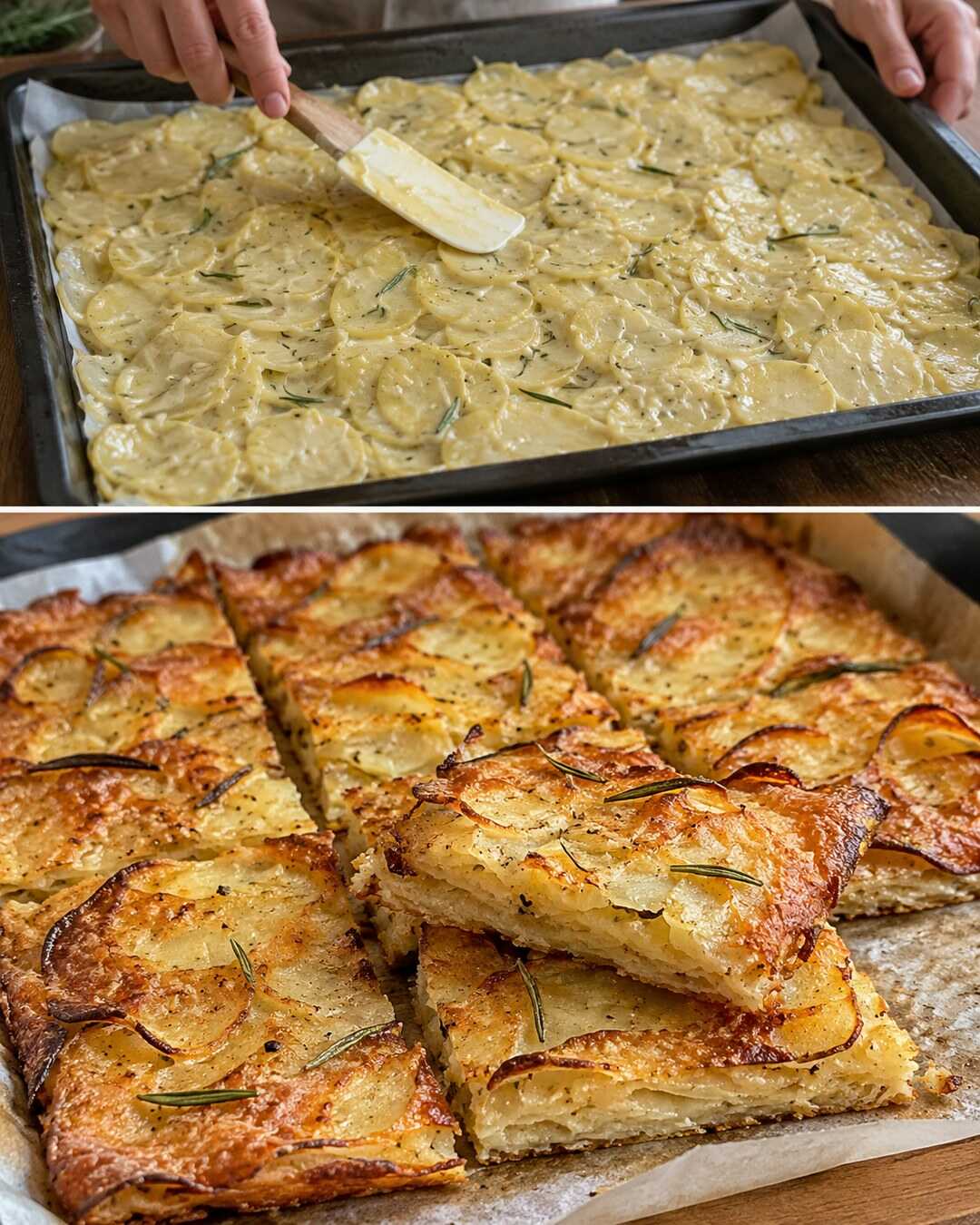 Schiacciata di patate: sottile e croccante ai bordi con preparazione e risultato finale illustrati in un collage fotografico.