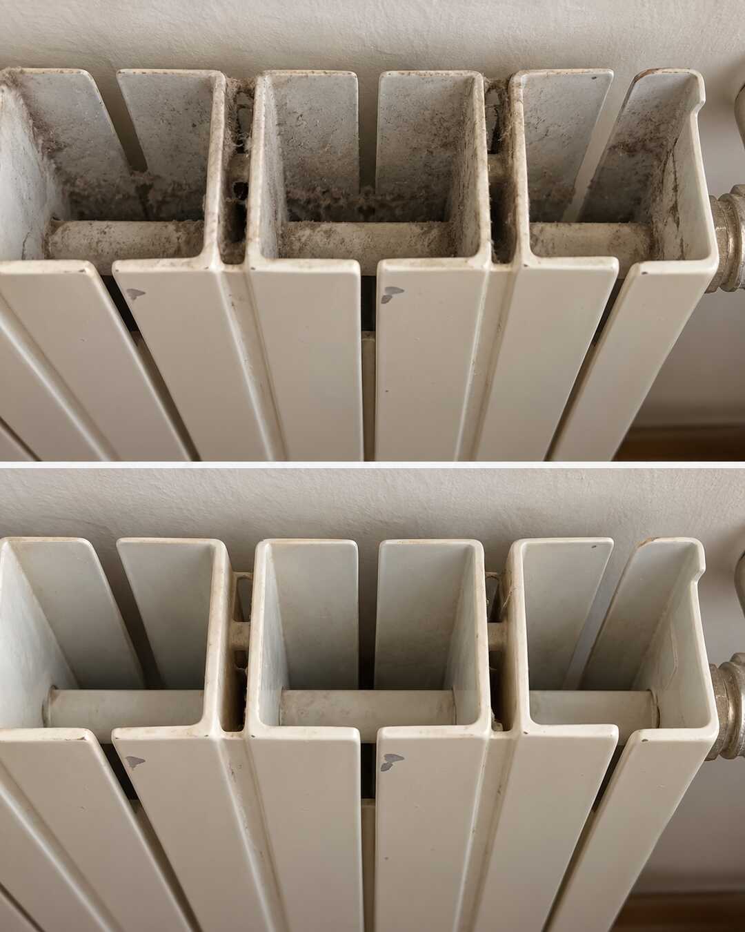 Polvere tra le alette di un termosifone bianco prima e dopo la rimozione, con usura della vernice invariata.