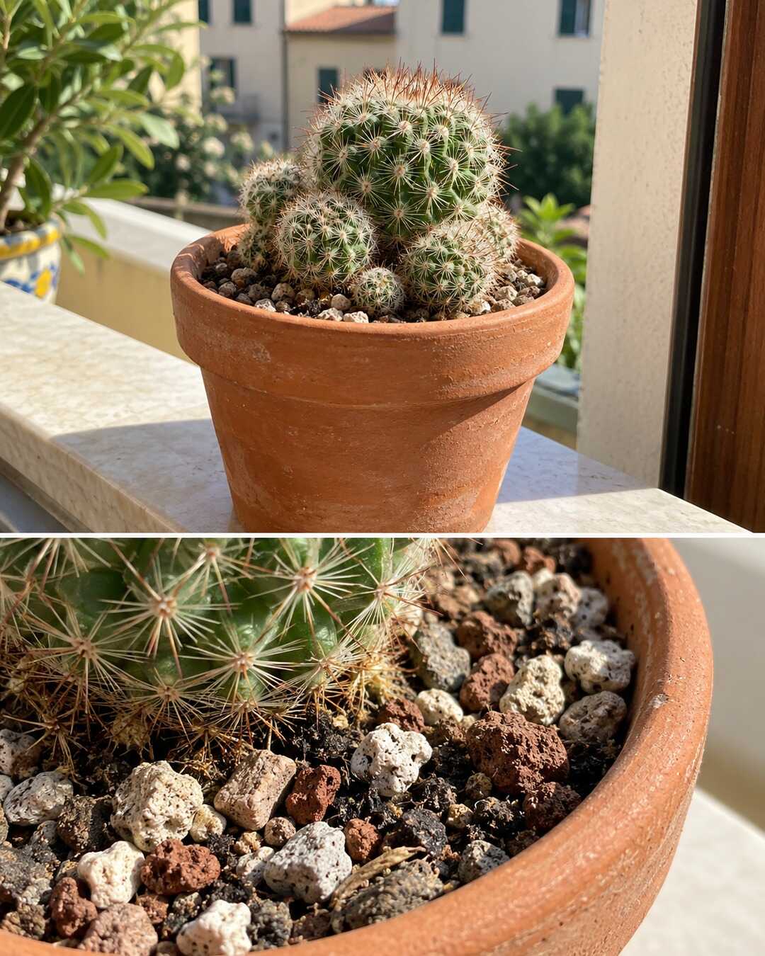 Small botanically plausible Mammillaria desert cactus in terracotta pot, dry gritty substrate and bright Italian windowsill; whole plant and closeup of soil drainage, no flowers or before-after transformation.