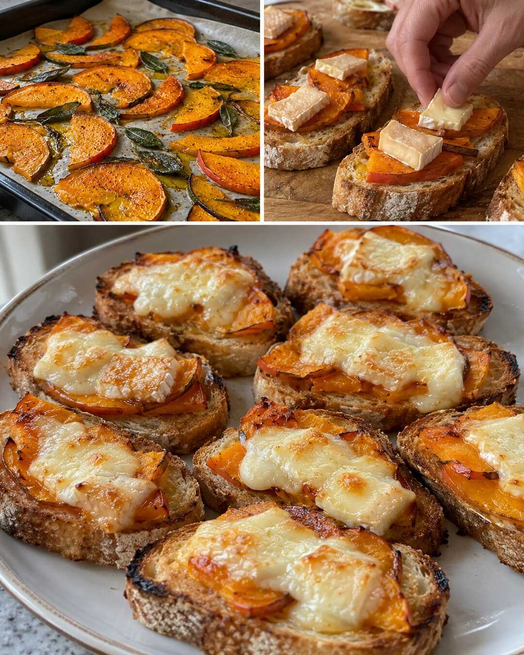 Crostoni zucca e taleggio, caldi e filanti con preparazione e risultato finale illustrati in un collage fotografico.
