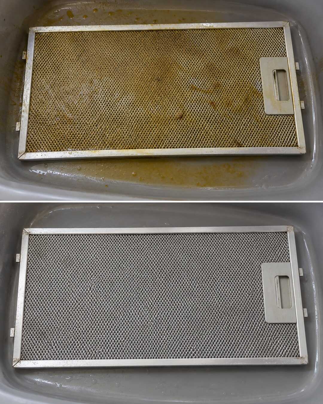 Filtro metallico antigrasso della cappa con residui superficiali prima e dopo un lavaggio compatibile.