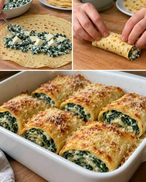 Rotolini di crespelle, spinaci e scamorza filante