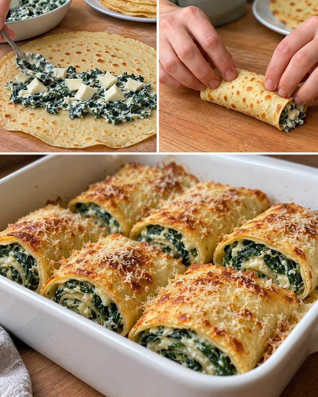 Rotolini di crespelle, spinaci e scamorza filante con preparazione e risultato finale illustrati in un collage fotografico.