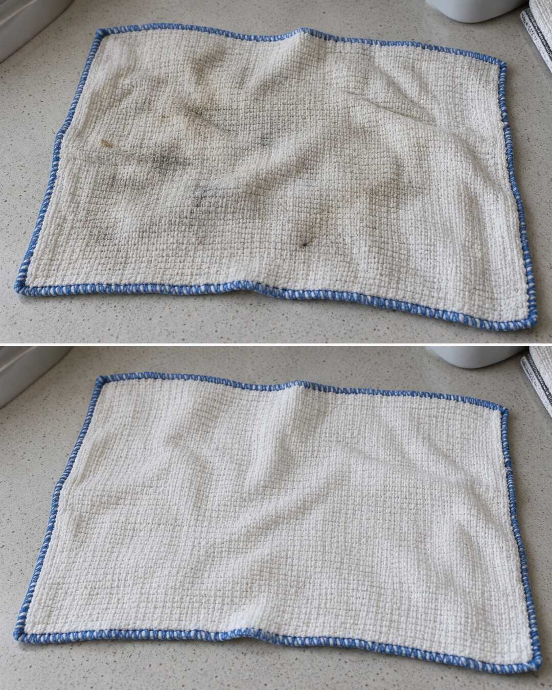 Same white cotton kitchen dishcloth with modest grey greasy patches before top and visibly cleaner after below, on a neutral laundry countertop; retain identical stitched blue border and natural fabric wear.