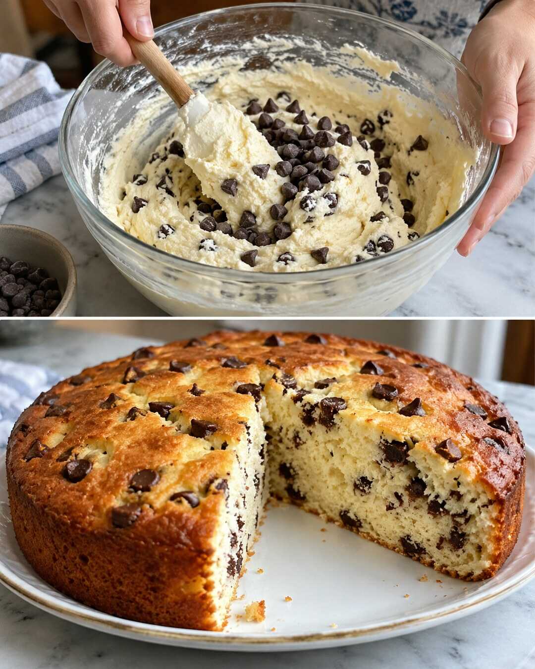 Torta ricotta e cioccolato, soffice senza burro con preparazione e risultato finale illustrati in un collage fotografico.
