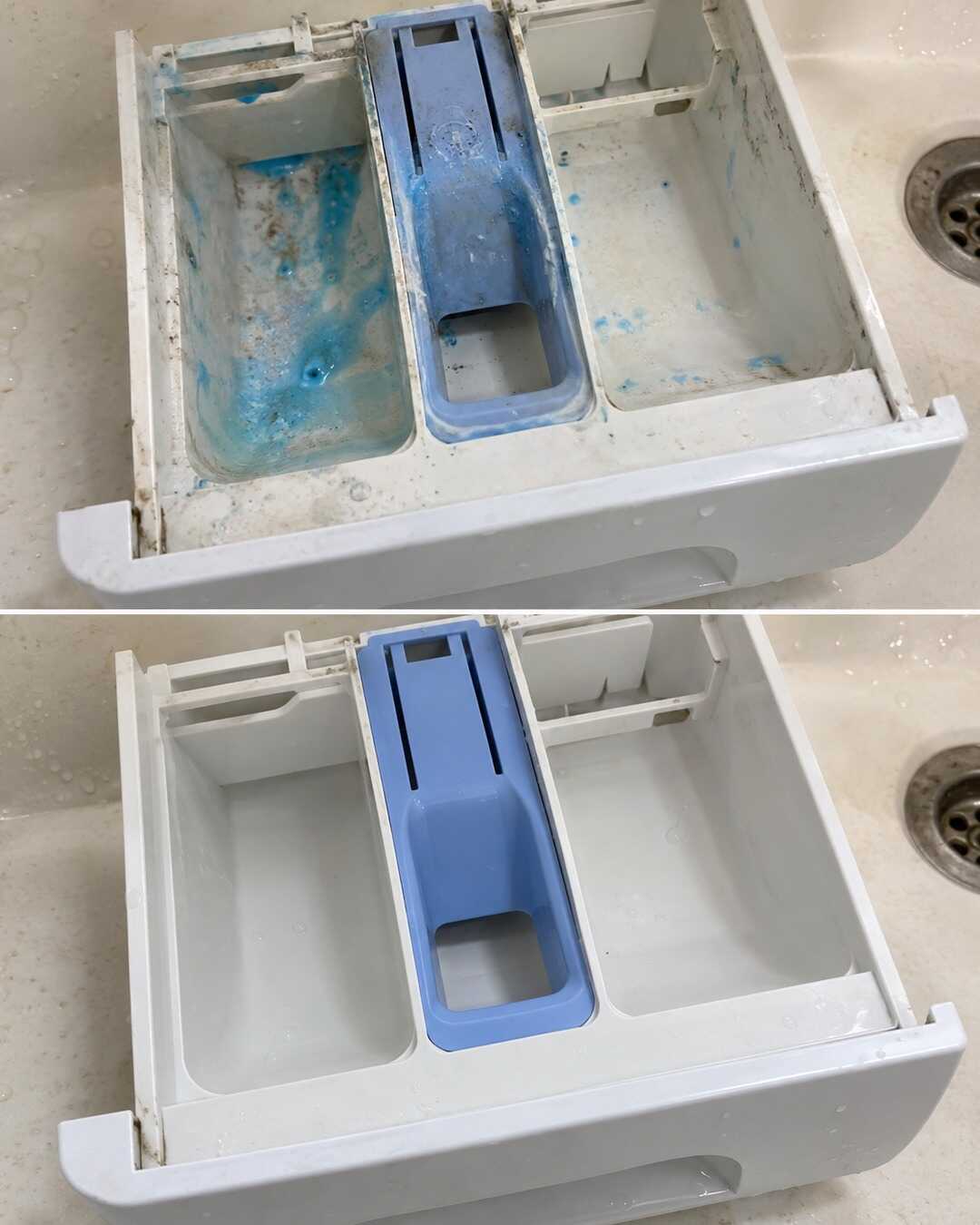 Same detached white washing-machine detergent drawer resting on a pale laundry sink, moderate sticky blue detergent residue before top and clean rinsed drawer after bottom; same inserts, geometry and angle.