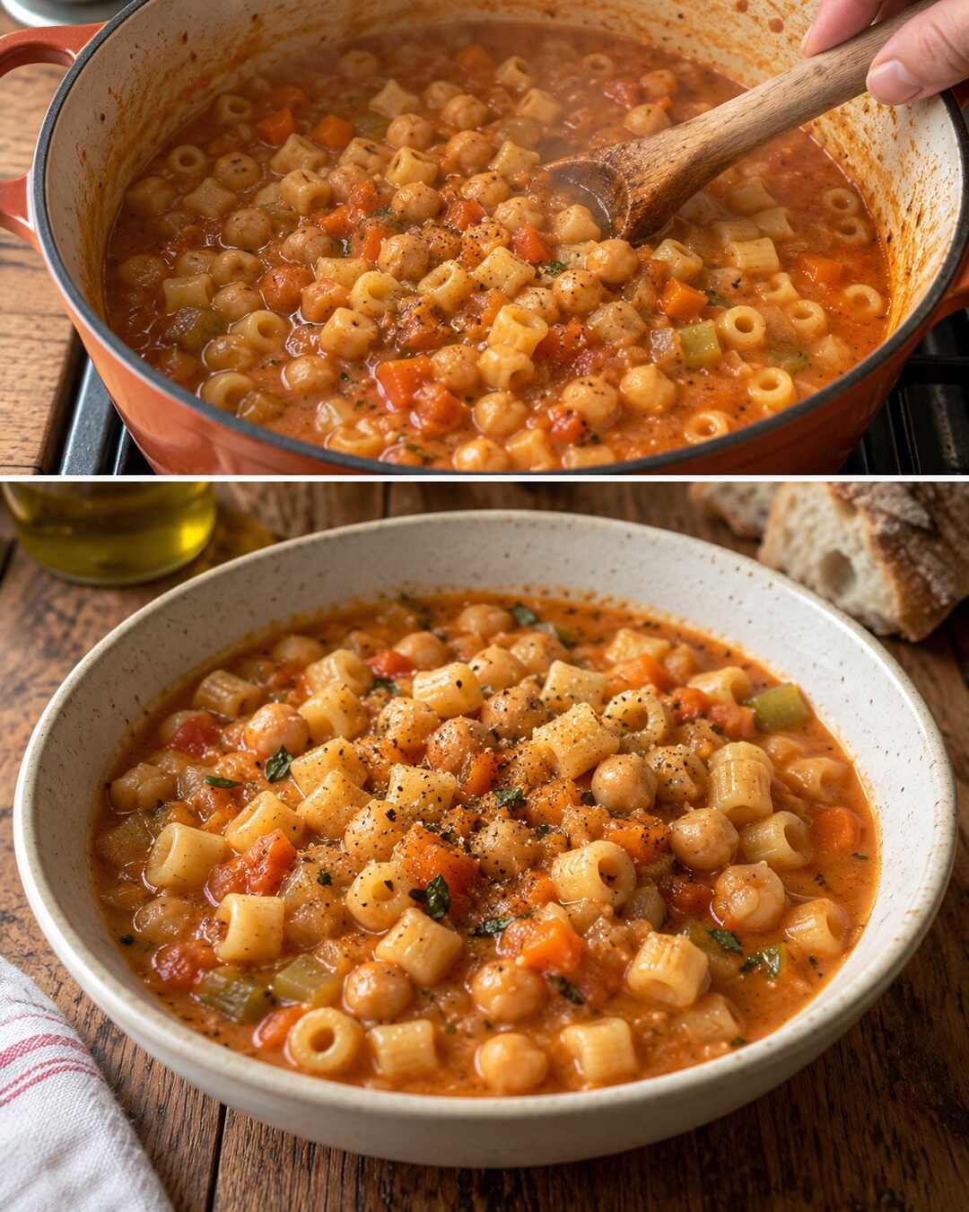 Pasta e ceci cremosa, senza aggiungere panna — preparazione e piatto finito in un collage fotografico illustrativo