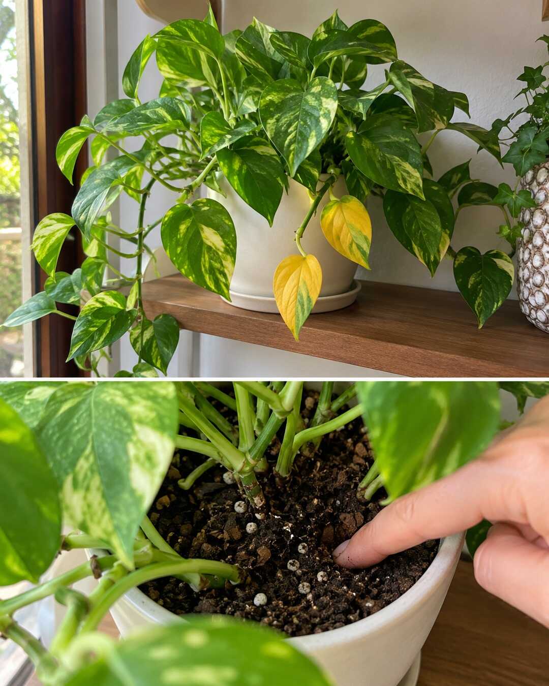 Epipremnum aureum pothos in a cream pot on Italian shelf, mostly healthy heart-shaped variegated foliage with two lower yellow leaves; whole plant plus closeup of finger checking potting mix, no miracle recovery.