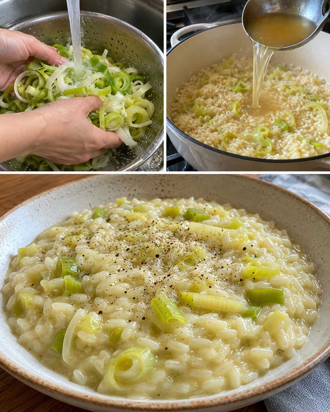 Risotto ai porri: cremoso, senza coprirne il gusto — preparazione e piatto finito in un collage fotografico illustrativo