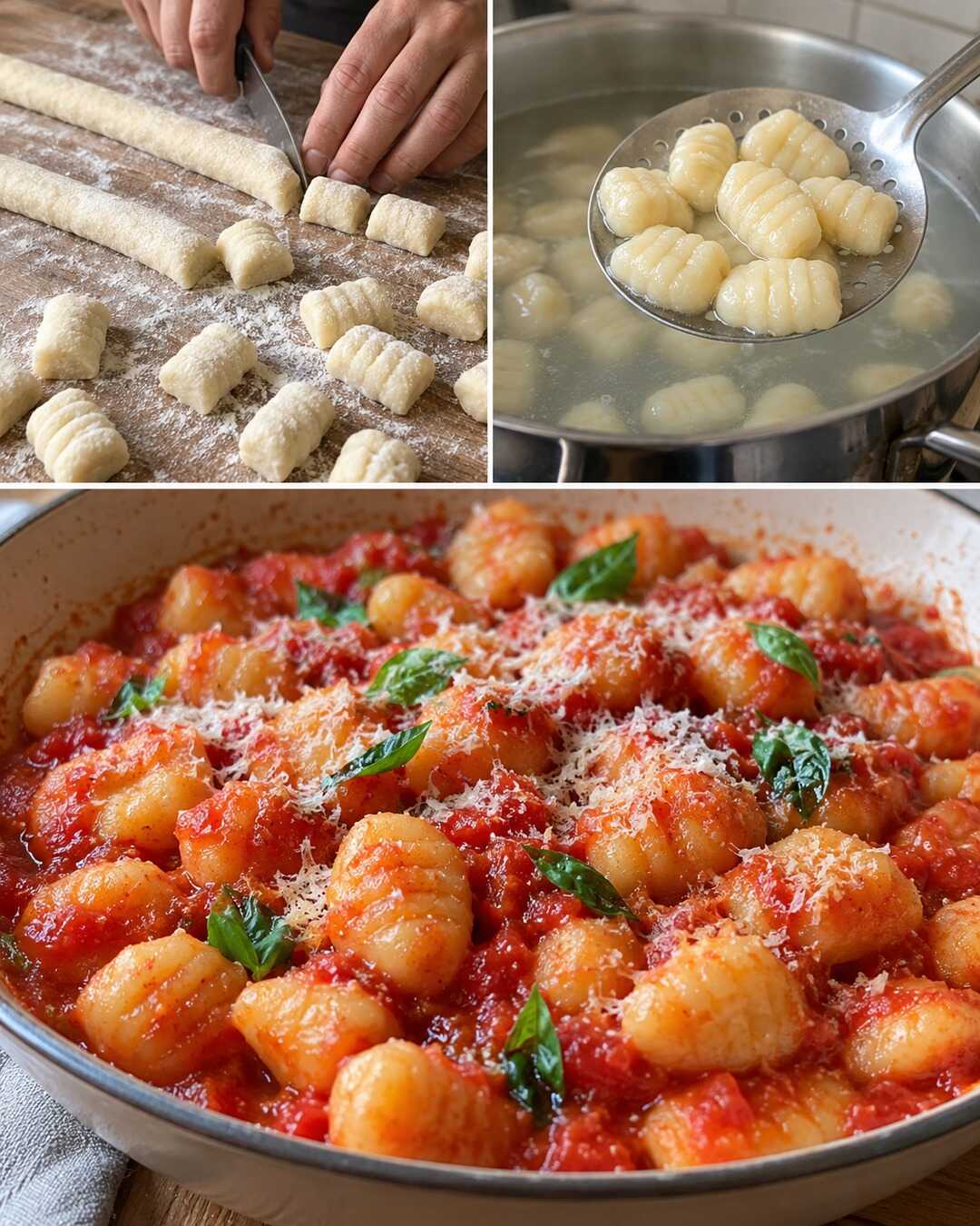 Gnocchi di ricotta, morbidi con sugo al basilico — preparazione e piatto finito in un collage fotografico illustrativo