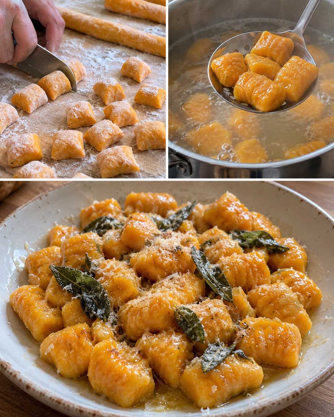 Gnocchi di zucca e patate, con burro e salvia — preparazione e piatto finito in un collage fotografico illustrativo