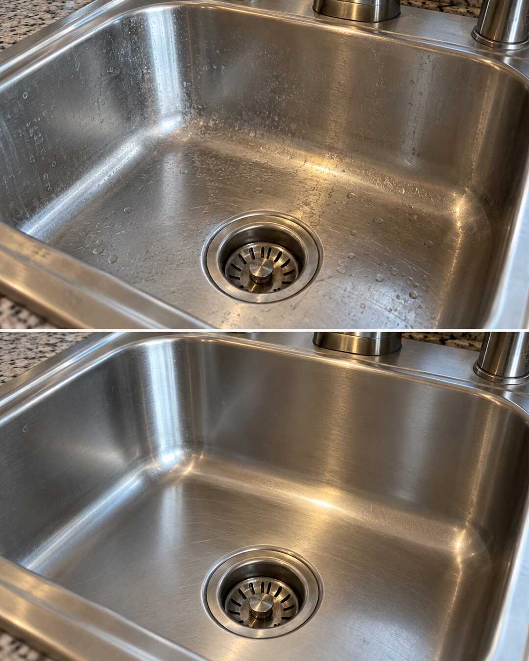 Same brushed stainless steel kitchen sink closeup with modest water spots before top and clean dry surface after bottom, retain tiny genuine scratches and exact reflected window angle.