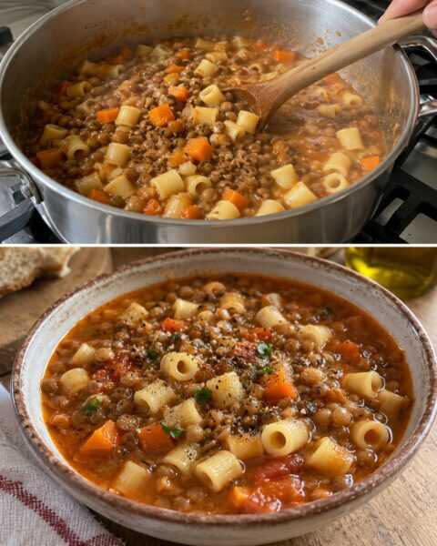 Pasta e lenticchie, densa e saporita