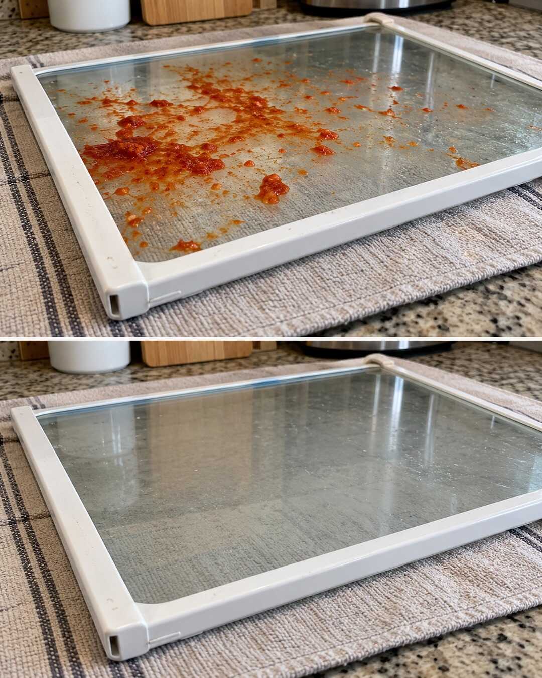 Ripiano in vetro del frigorifero con una piccola colatura di salsa prima e dopo la pulizia.