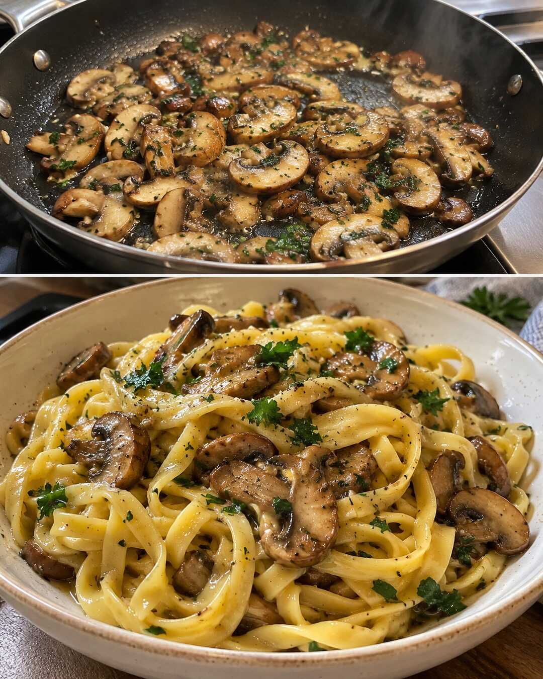 Tagliatelle ai funghi: fondo morbido, niente panna — preparazione e piatto finito in un collage fotografico illustrativo