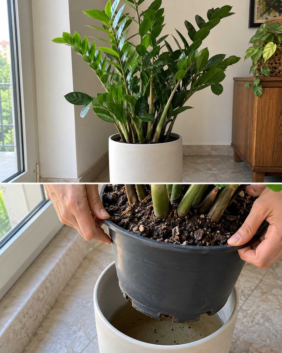 Zamioculcas e controllo dell’acqua rimasta nel coprivaso dopo aver sollevato il vaso interno.