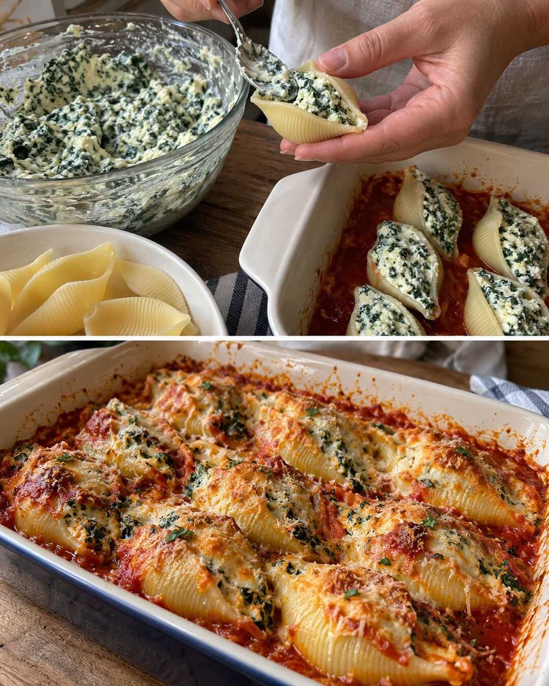 Conchiglioni ricotta e spinaci, ripieno cremoso — preparazione e piatto finito in un collage fotografico illustrativo