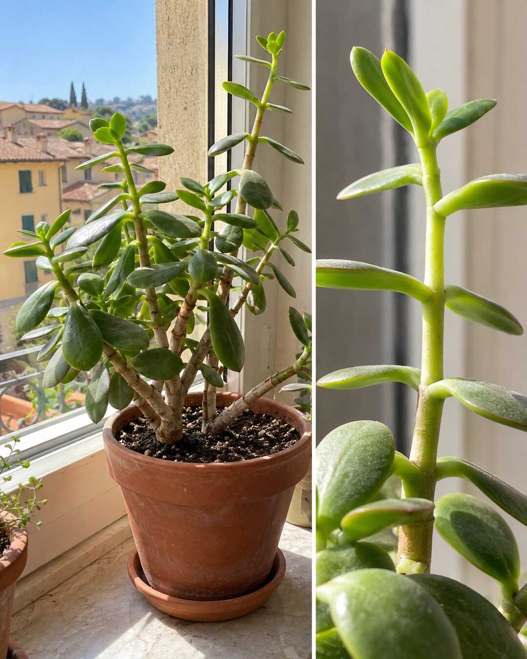 Crassula ovata jade plant with oval fleshy green leaves, a few stretched thin new stems near a bright Italian window; whole plant plus detail of spaced leaves, no beforeafter growth.