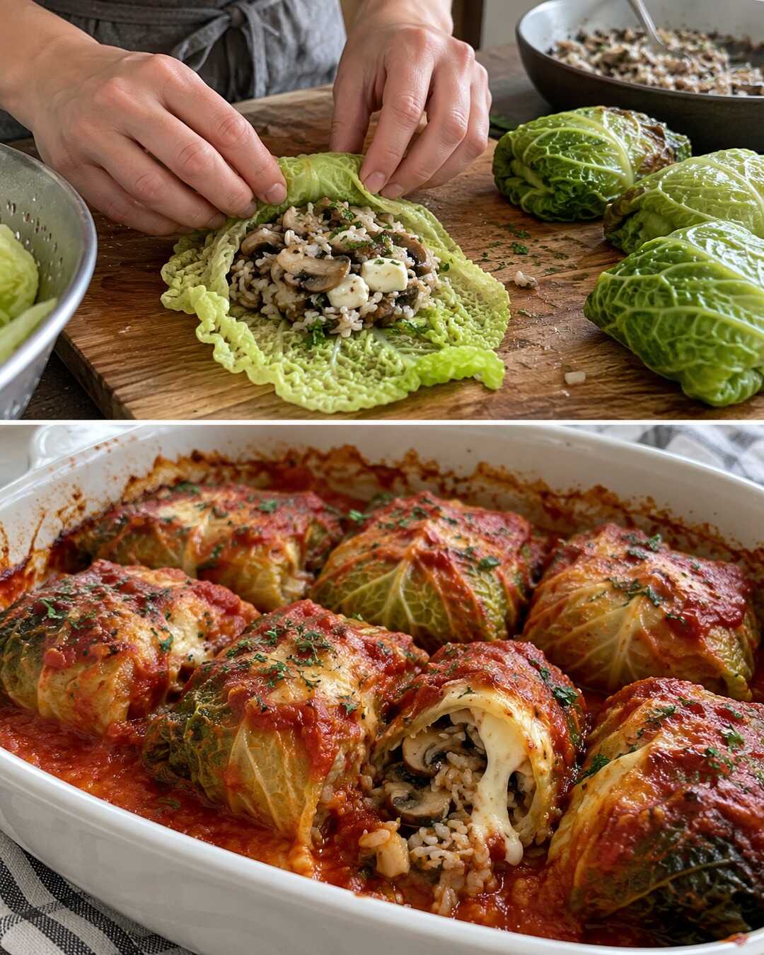 Involtini di verza e riso, morbidi al pomodoro — preparazione e piatto finito in un collage fotografico illustrativo