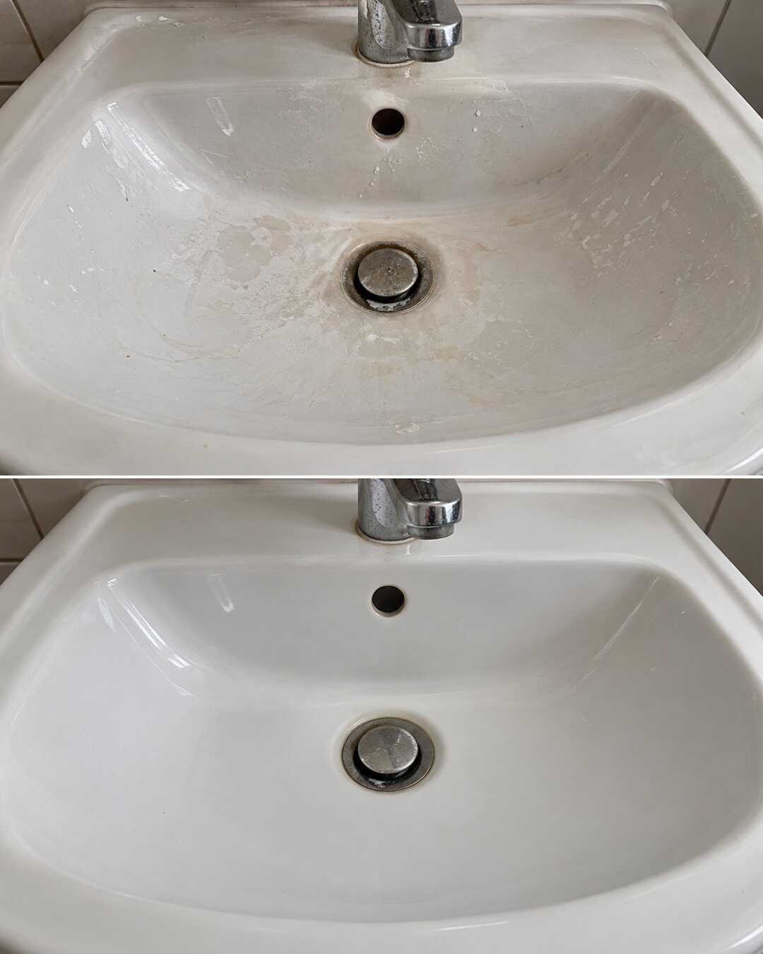 Same white glazed ceramic basin closeup with modest soap film around drain before top, rinsed and dry after bottom; no restored chips or changed tap.