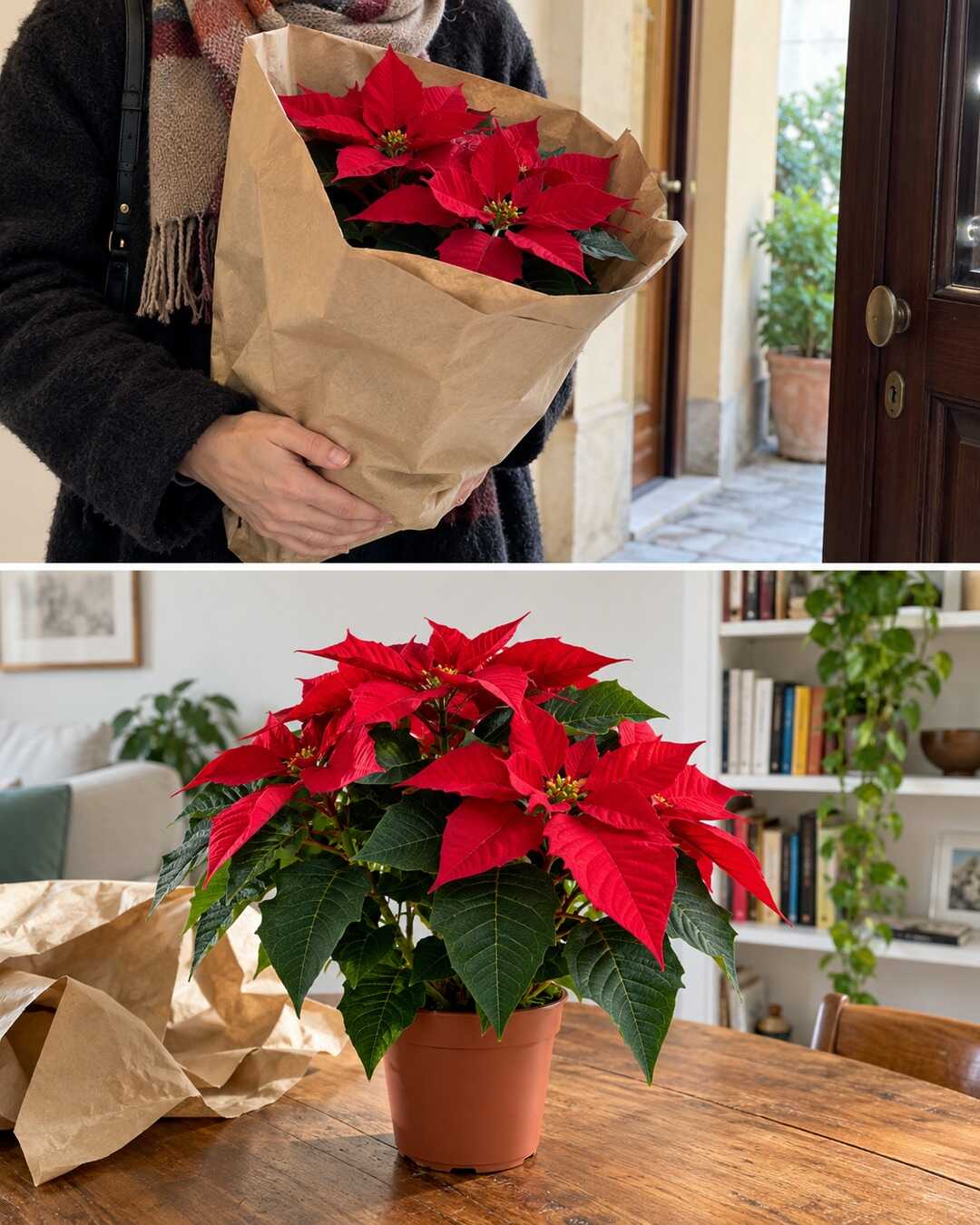 Stella di Natale protetta con carta durante il trasporto e poi sistemata in un ambiente luminoso riparato.