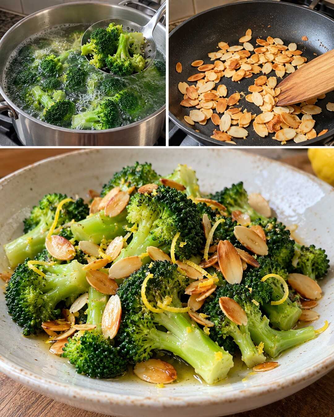 Broccoli al limone, con mandorle dorate — preparazione e piatto finito in un collage fotografico illustrativo