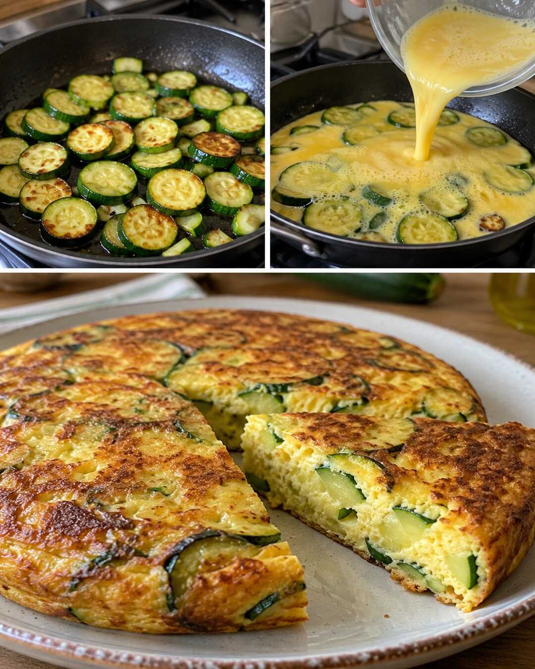 Frittata di zucchine, morbida e ben cotta — preparazione e piatto finito in un collage fotografico illustrativo