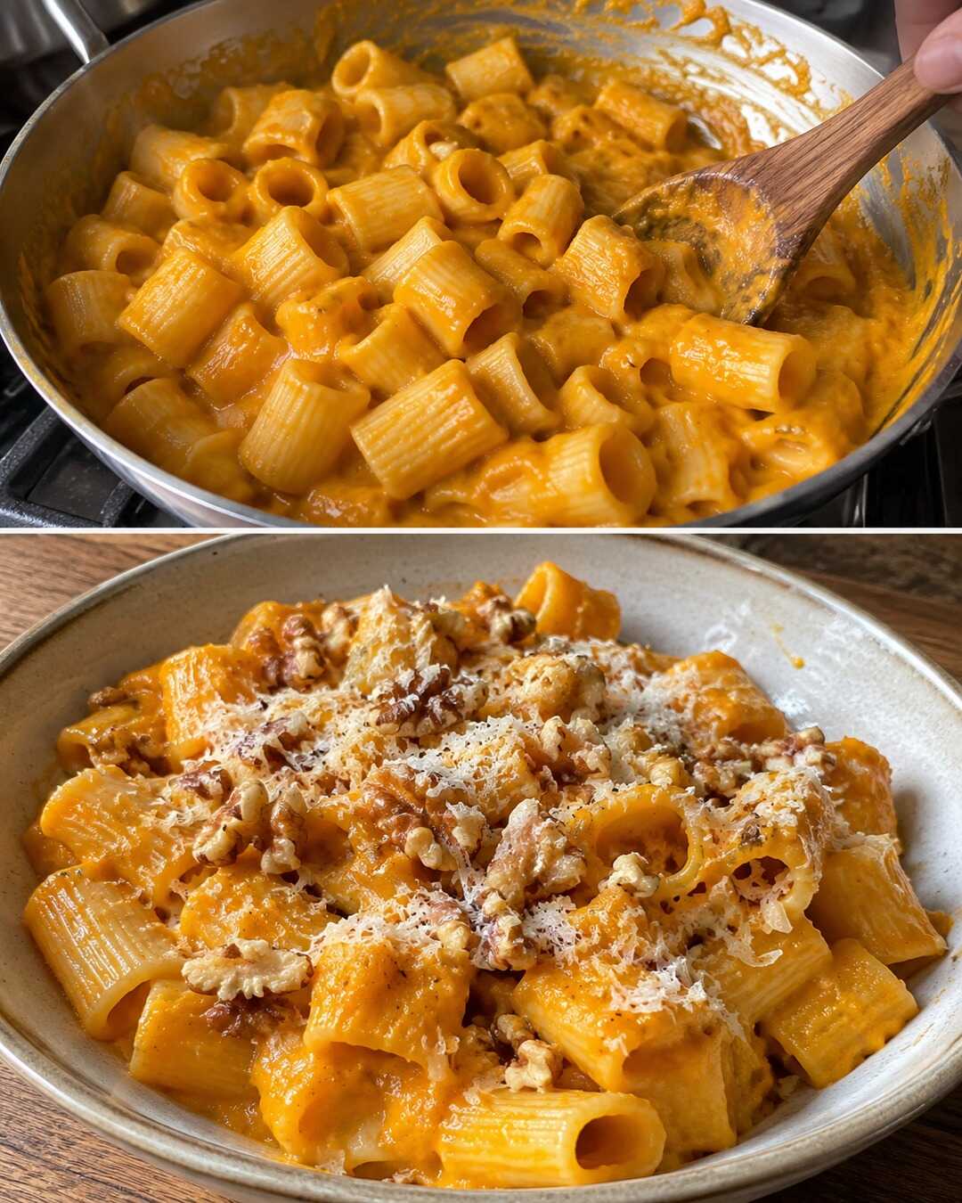 Pasta con crema di zucca e noci croccanti — preparazione e piatto finito in un collage fotografico illustrativo