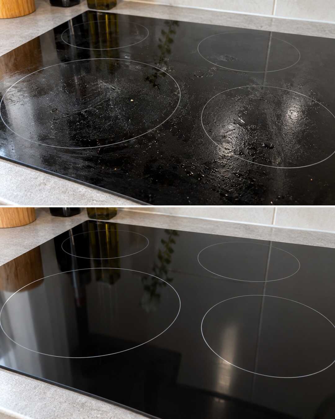 Same black glass ceramic hob completely off and cool, modest cooking oil smears before top and clean after bottom, same burner circles and reflections; no scraping or hot surface.