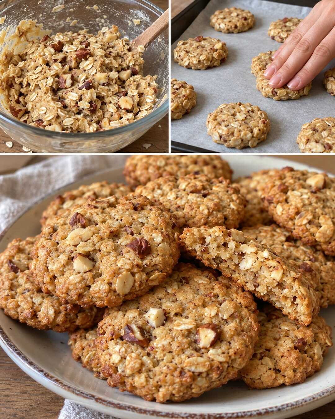 Biscotti avena e nocciole, croccanti ai bordi con preparazione e risultato finale illustrati in un collage fotografico.