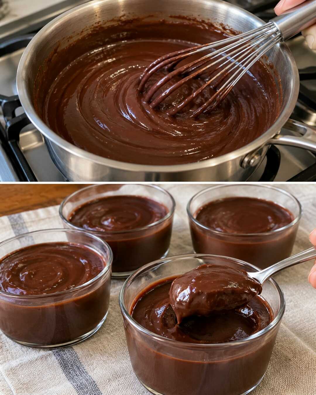Budino al cioccolato senza uova: liscio al cucchiaio con preparazione e risultato finale illustrati in un collage fotografico.