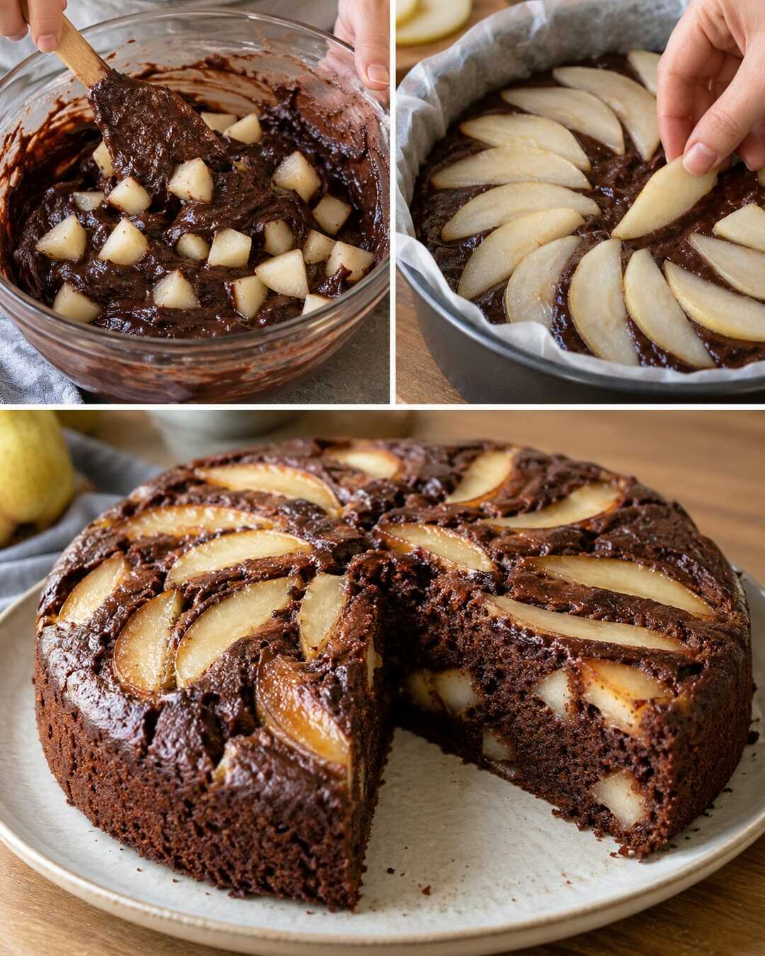 Torta pere e cioccolato, morbida sotto la crosta con preparazione e risultato finale illustrati in un collage fotografico.