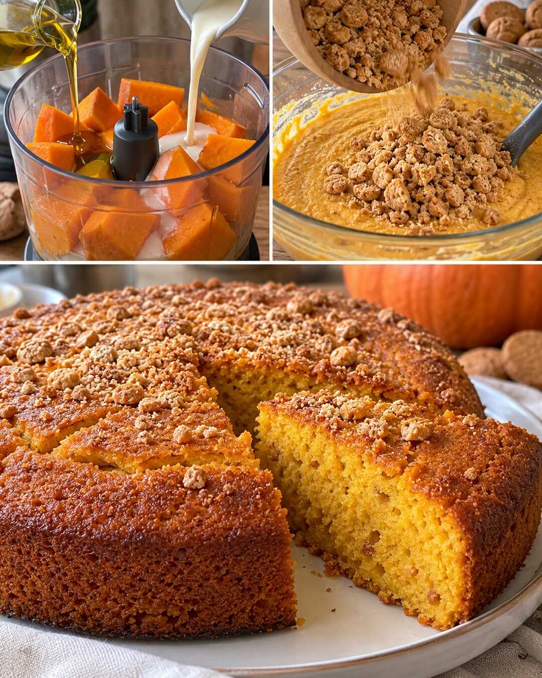 Torta di zucca e amaretti, morbida e profumata con preparazione e risultato finale illustrati in un collage fotografico.