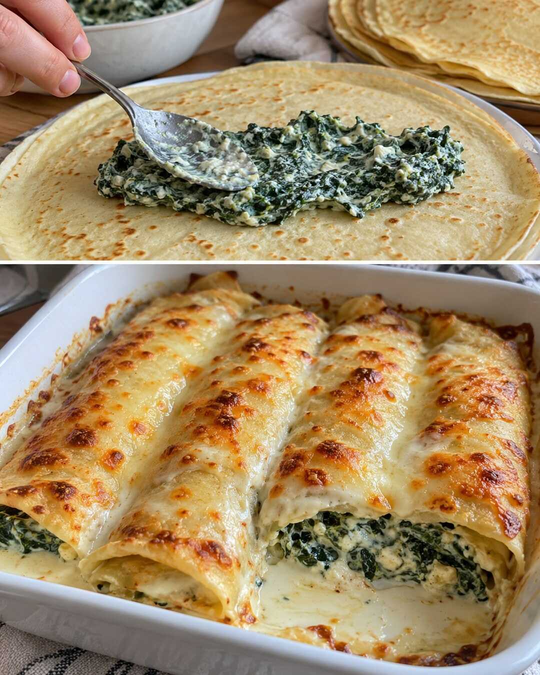 Crespelle ricotta e spinaci, gratinate e cremose con preparazione e risultato finale illustrati in un collage fotografico.