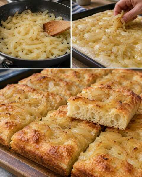 Focaccia alle cipolle, morbida sotto la superficie dorata