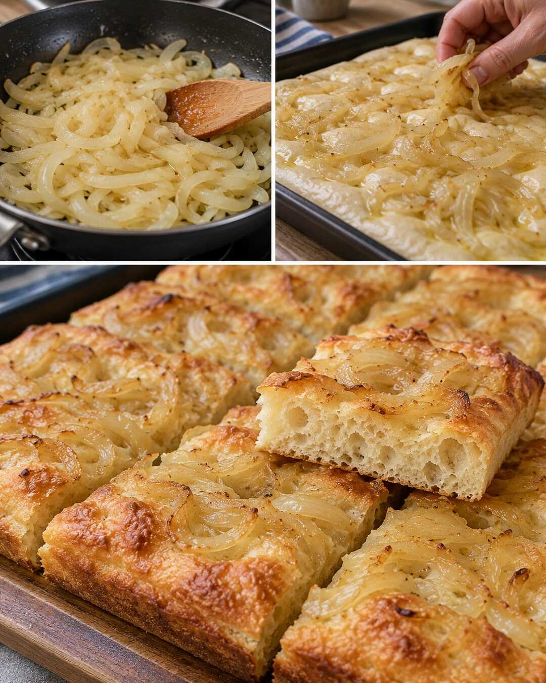 Focaccia alle cipolle, morbida sotto la superficie dorata con preparazione e risultato finale illustrati in un collage fotografico.