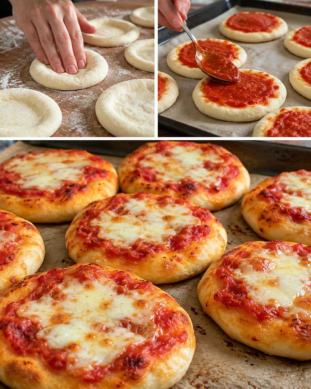 Pizzette al latte: soffici anche ai bordi con preparazione e risultato finale illustrati in un collage fotografico.