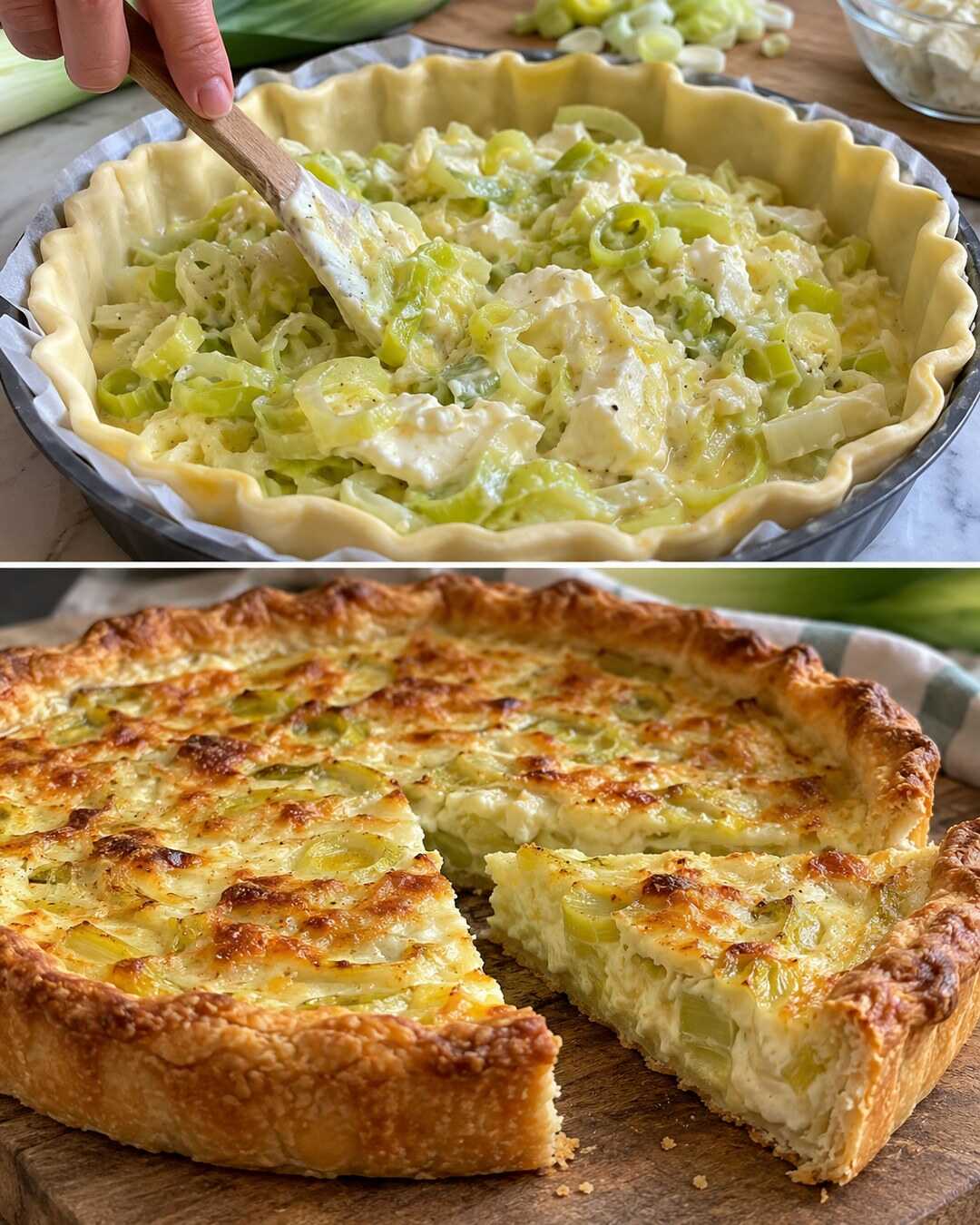 Torta salata porri e stracchino, cremosa al centro con preparazione e risultato finale illustrati in un collage fotografico.