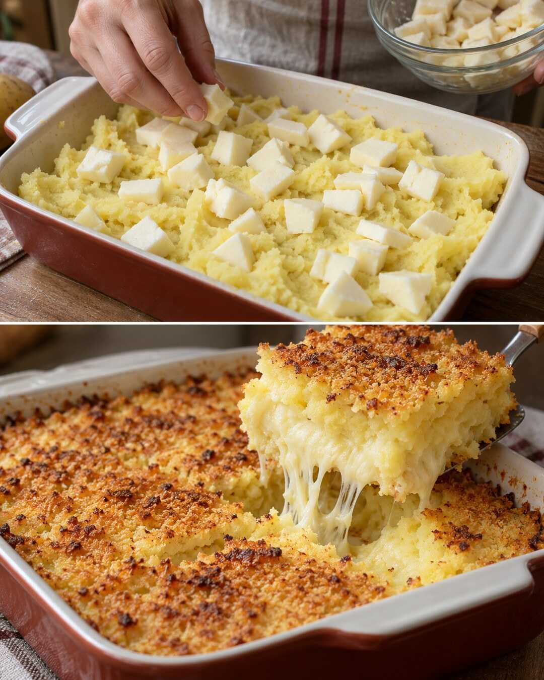 Tortino di patate e scamorza, cuore filante con preparazione e risultato finale illustrati in un collage fotografico.