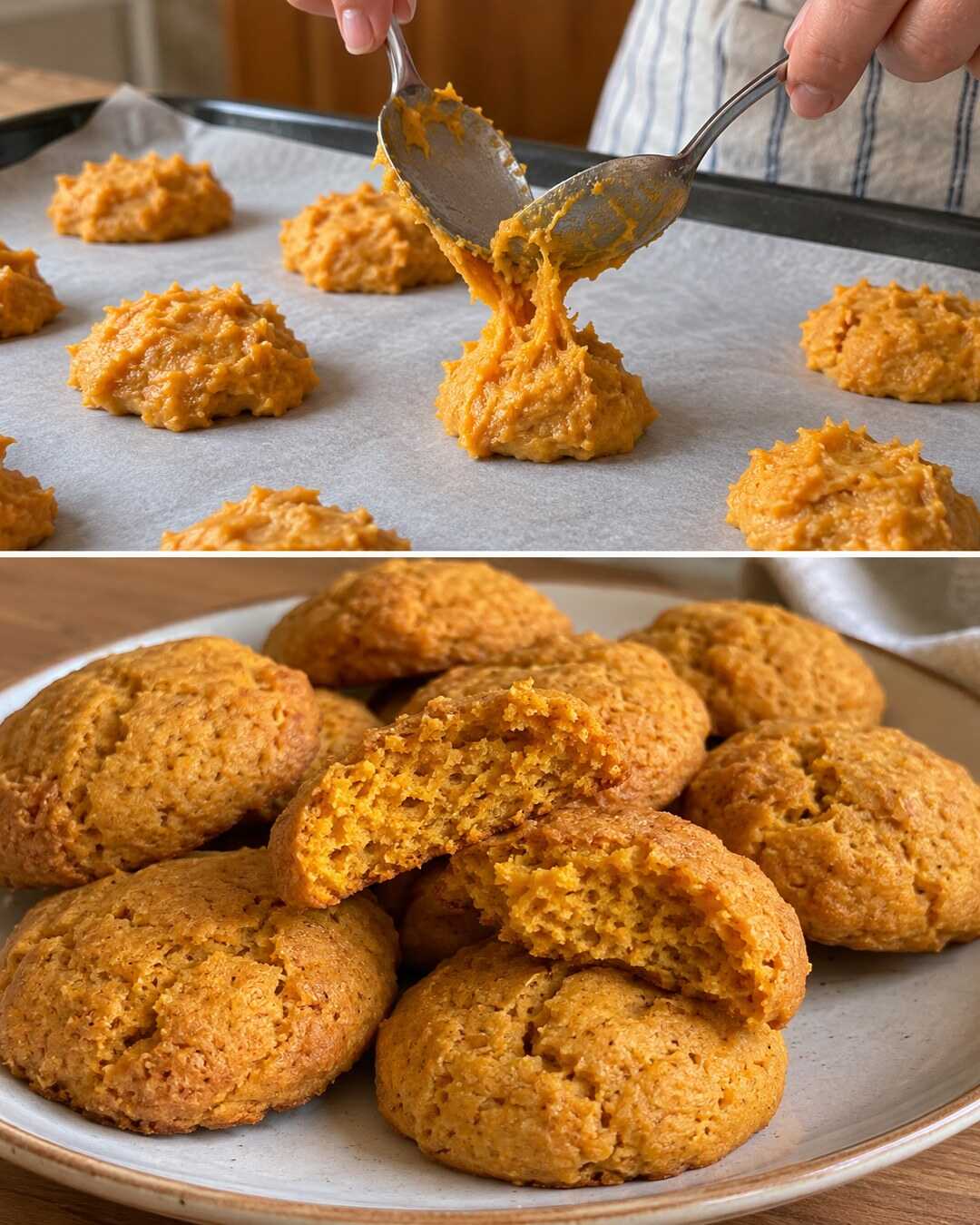 Biscotti morbidi alla zucca, senza stampini con preparazione e risultato finale illustrati in un collage fotografico.