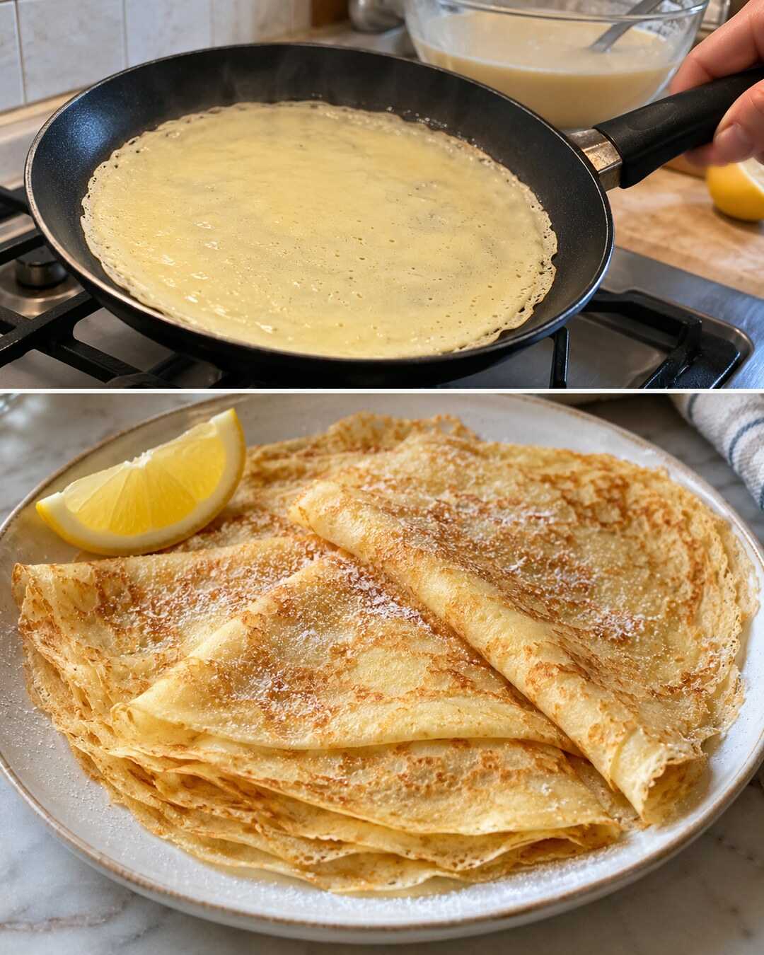 Crêpes al limone: sottili e facili da piegare con preparazione e risultato finale illustrati in un collage fotografico.