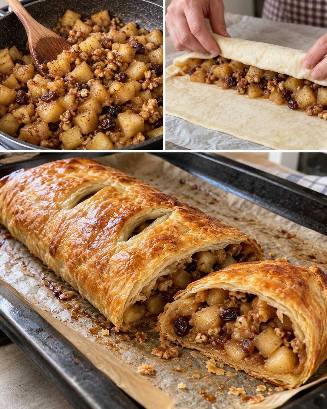 Strudel di sfoglia con mele e noci, ripieno tenero con preparazione e risultato finale illustrati in un collage fotografico.