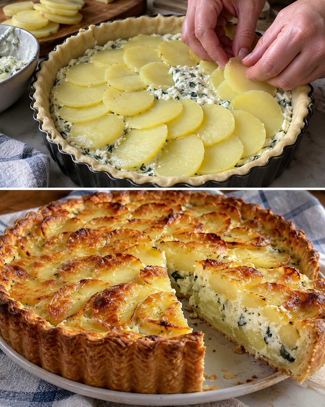 Torta salata patate e ricotta, cremosa al taglio con preparazione e risultato finale illustrati in un collage fotografico.