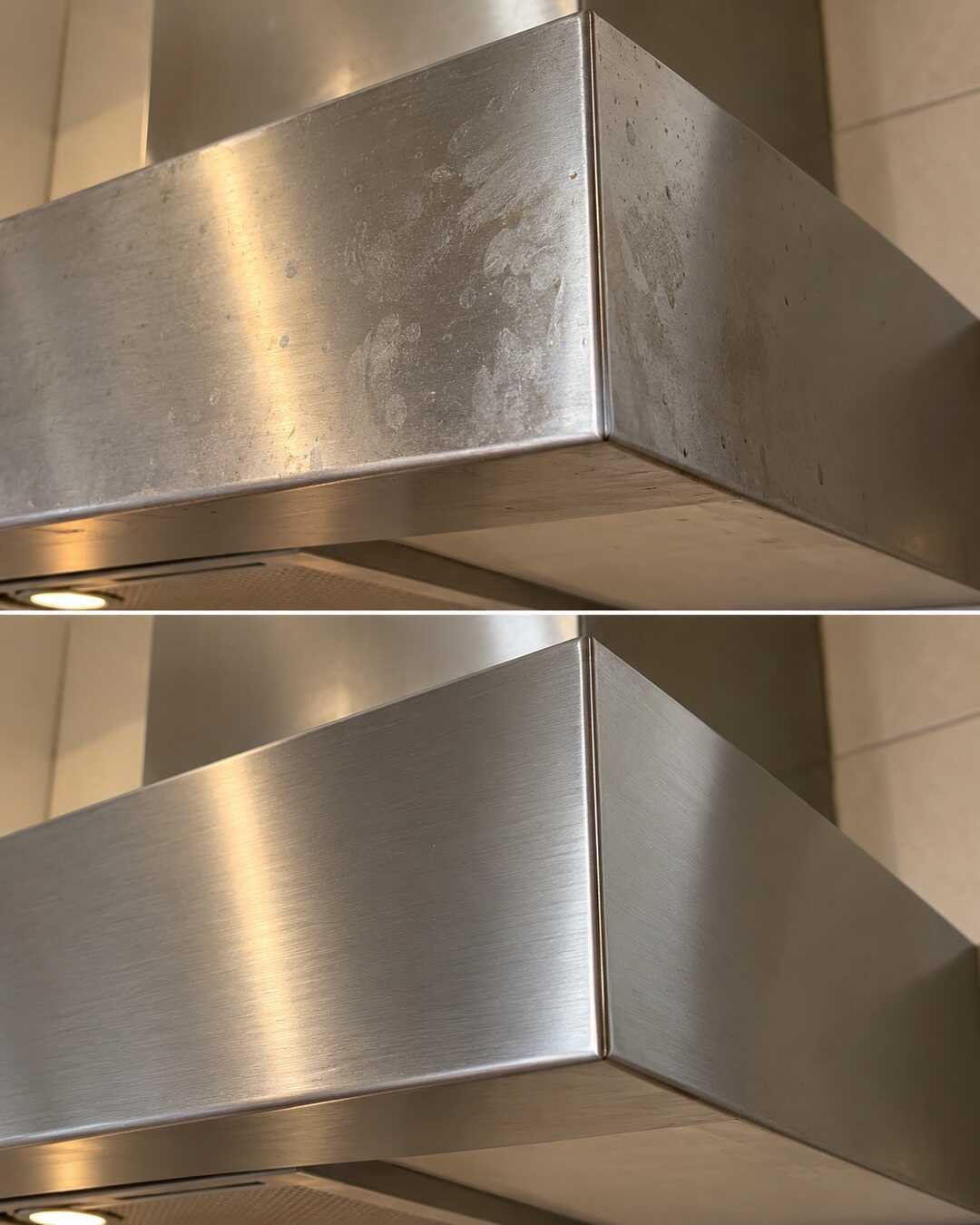 Same brushed stainless cooker hood exterior corner with moderate fingerprints and greasy smudges before top and clean dry after bottom, same grain angle, no filter or electrical spray.