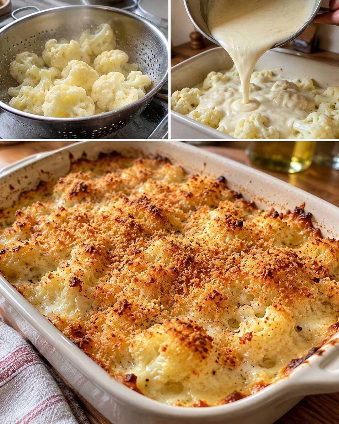 Cavolfiore gratinato, crosticina e cuore tenero — preparazione e piatto finito in un collage fotografico illustrativo