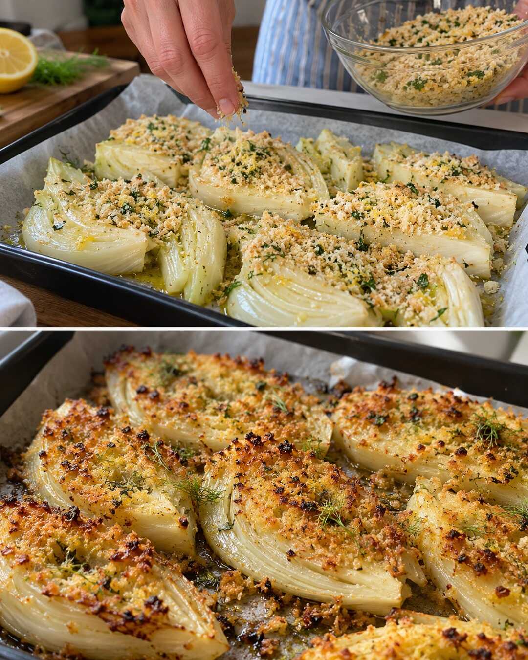 Finocchi al forno, dorati senza besciamella — preparazione e piatto finito in un collage fotografico illustrativo