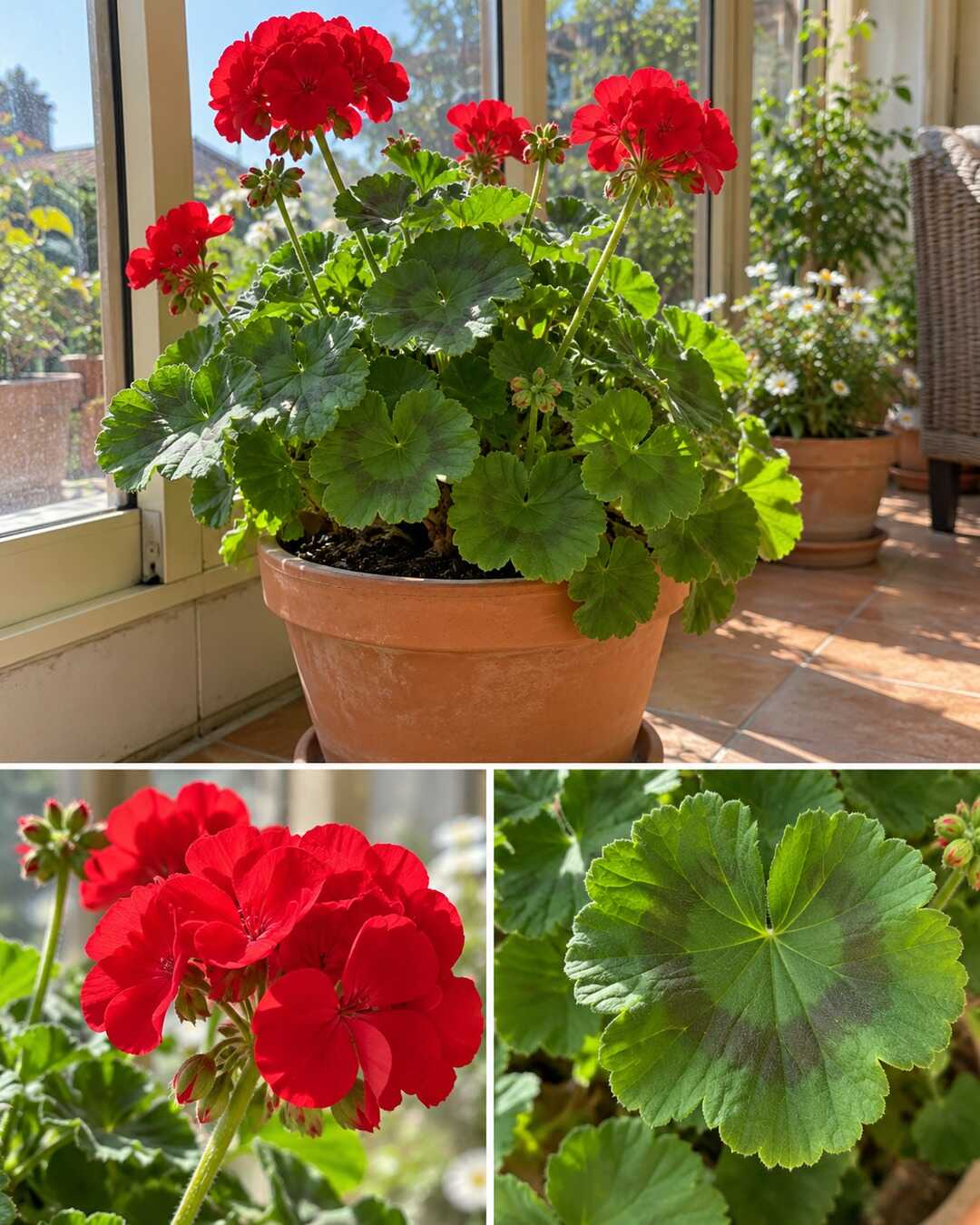 Pelargonium zonale in terracotta pot with round scalloped leaves and a few red flower heads being placed on a bright sheltered glazed porch, whole plant and leaf detail, no snow or false frost survival.