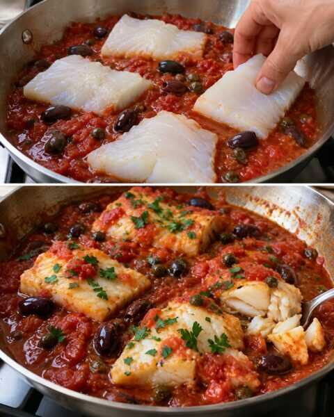 Merluzzo al pomodoro, con olive e capperi
