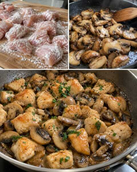 Pollo ai funghi in padella, con fondo cremoso